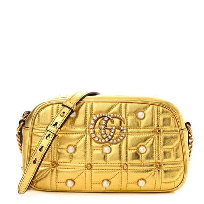 Gucci Metallic Calfskin Matelasse Studded Small Pearly GG Marmont Chain Shoulder Bag Gold 1 of 10
