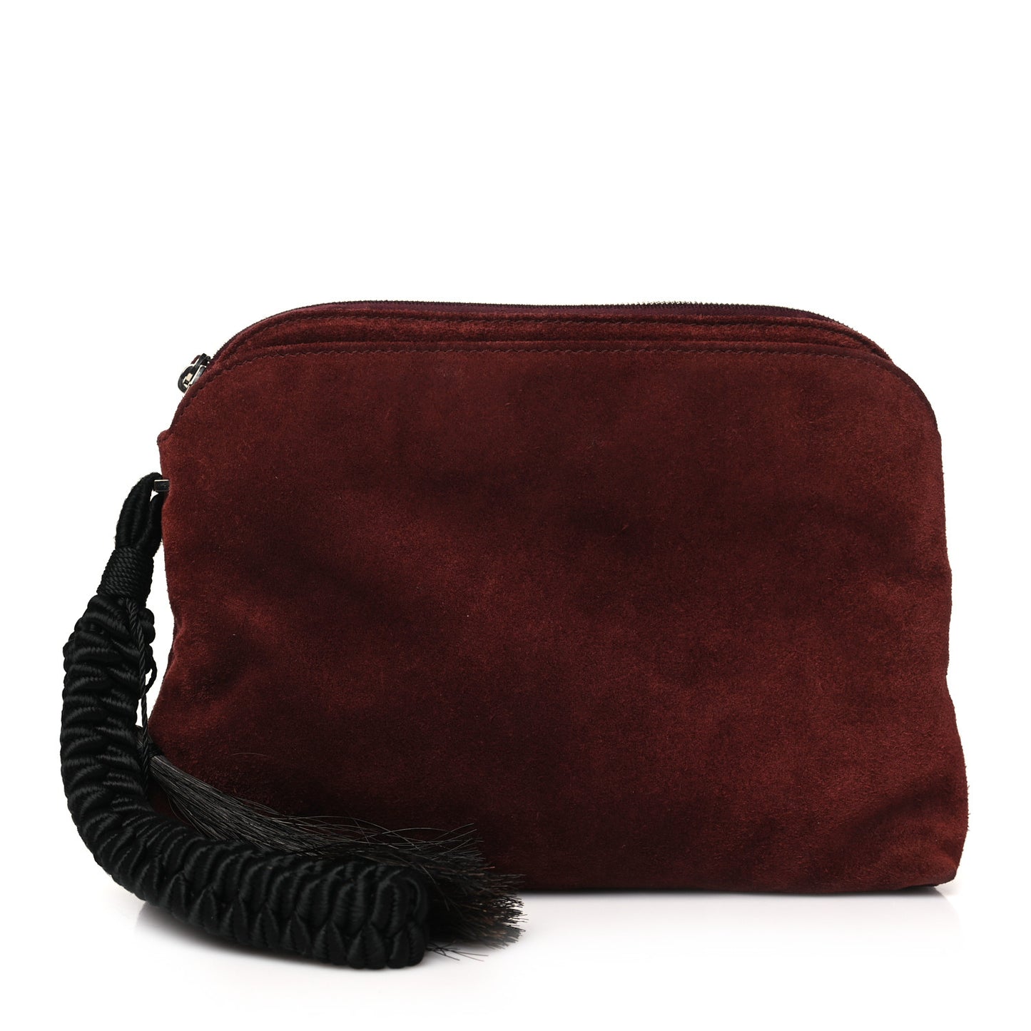 Suede Pony Hair Tassel Wristlet Pouch Burgundy