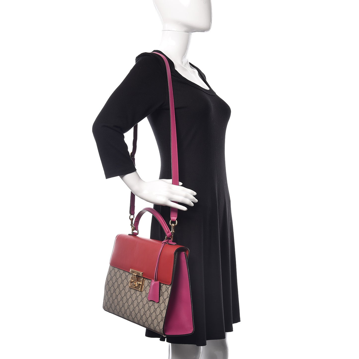 GG Supreme Monogram Calfskin Medium Padlock Top Handle Bag Beige Hibiscus Red New Rosette
