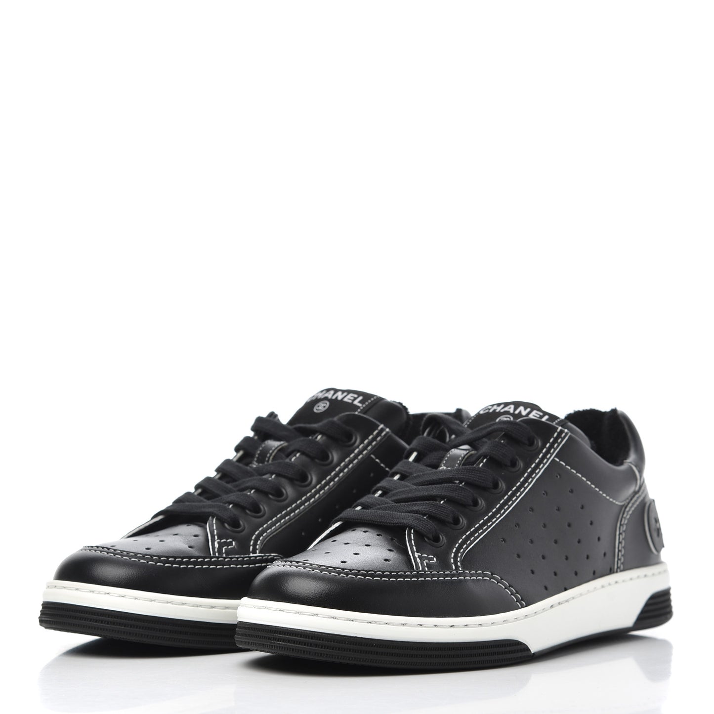 Calfskin Womens Logo Sneakers 37.5 Black White