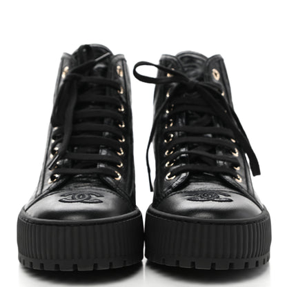 Chanel Aged Calfskin Lace Up Cap Toe Sneakers 38 Black White 2 of 8