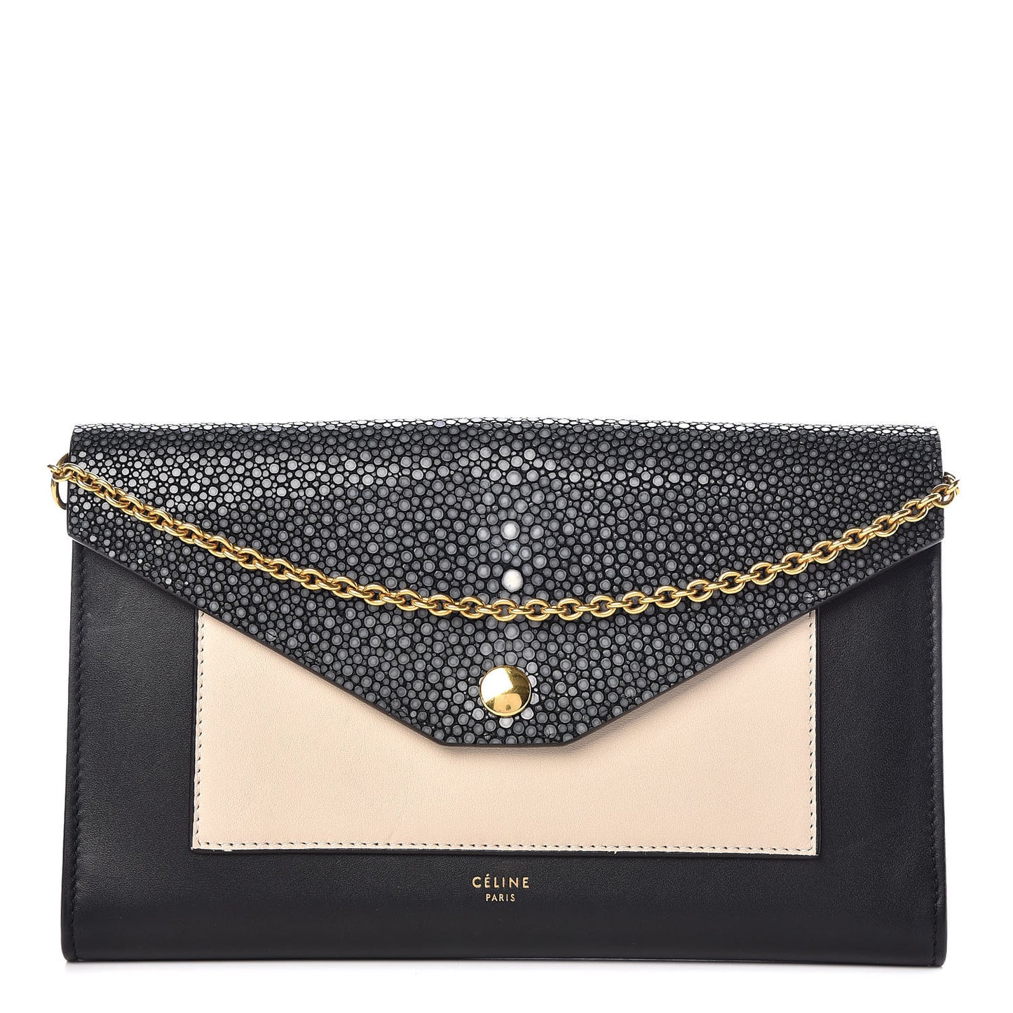 Stingray Shiny Calfskin Clutch on a Chain Black