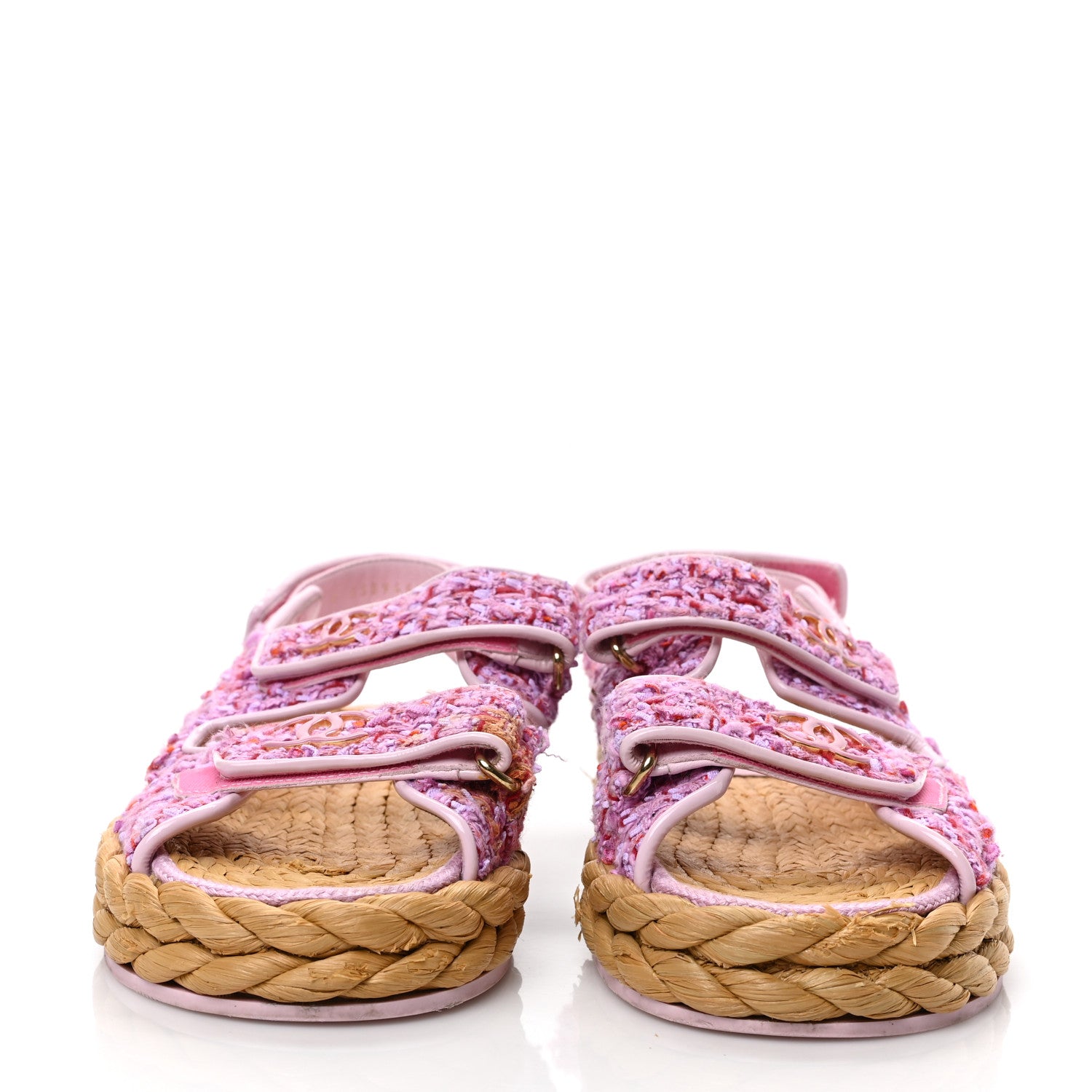 Chanel Tweed Patent Calfskin Velcro Dad Sandals 37 Light Purple Pink Red 2 of 7