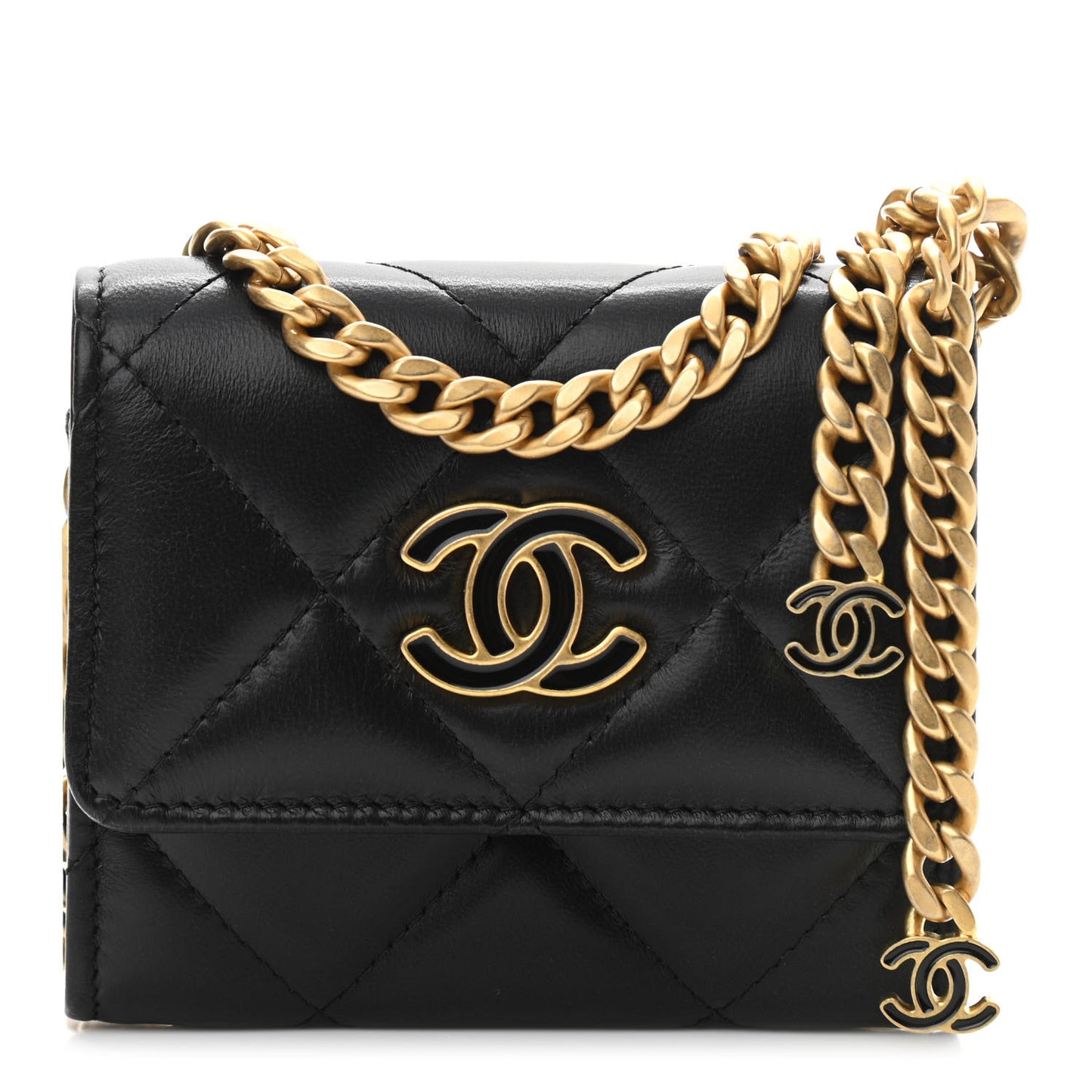 Lambskin Enamel Quilted Pending CC Card Holder On Chain Black