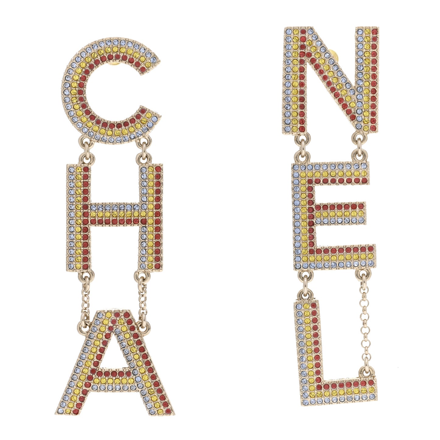 Metal Crystal Rainbow Cha-Nel Logo Drop Earrings Multicolor Gold