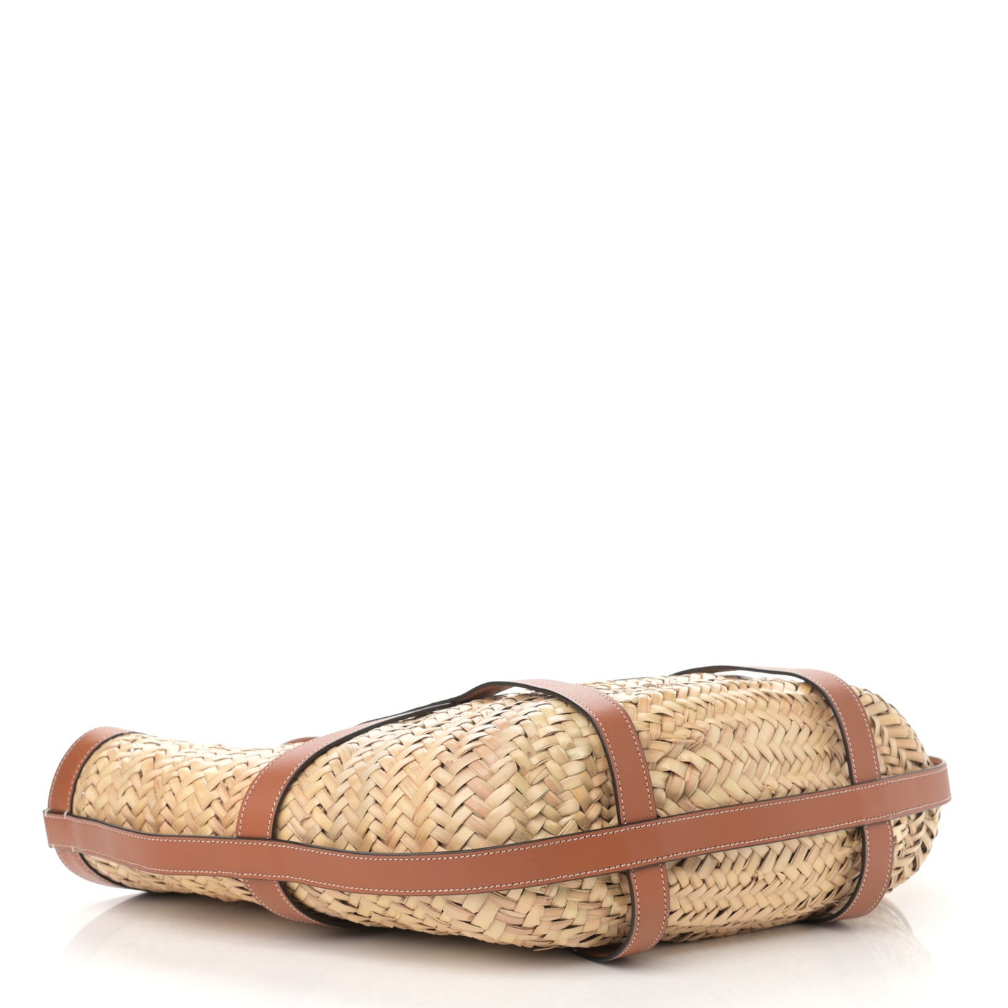 Raffia Calfskin Large Gridded Basket Tote Tan