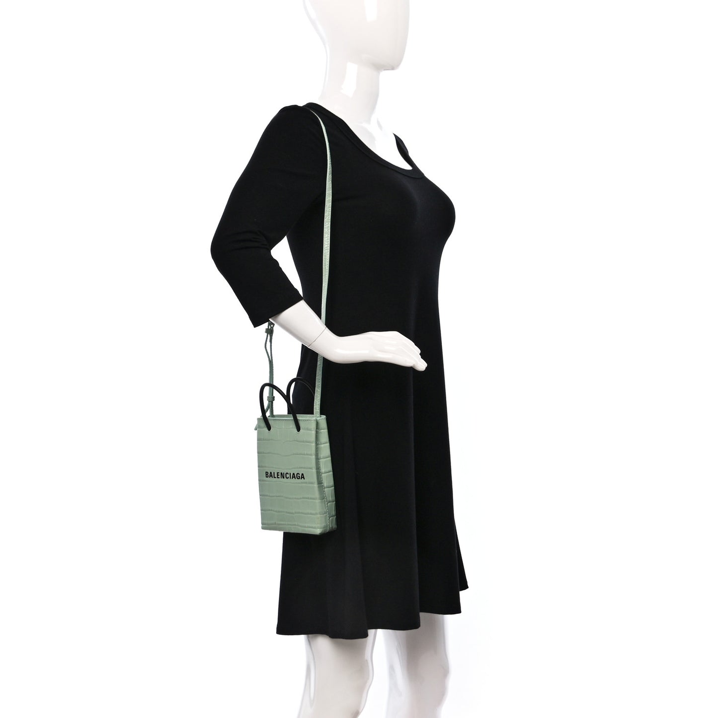 Shiny Calfskin Logo Crocodile Embossed Shopping Phone Holder Bag Light Green Black