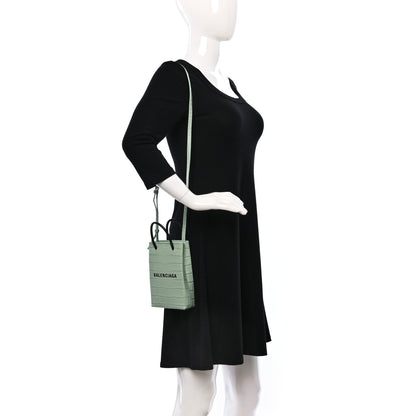 Balenciaga Shiny Calfskin Logo Crocodile Embossed Shopping Phone Holder Bag Light Green Black 2 of 12