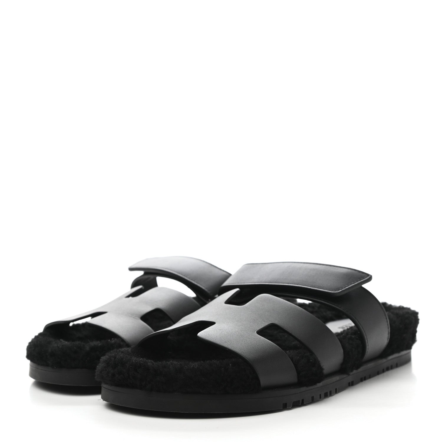 Hermes Calfskin Woolskin Womens Chypre Sandals 39 Black 3 of 9