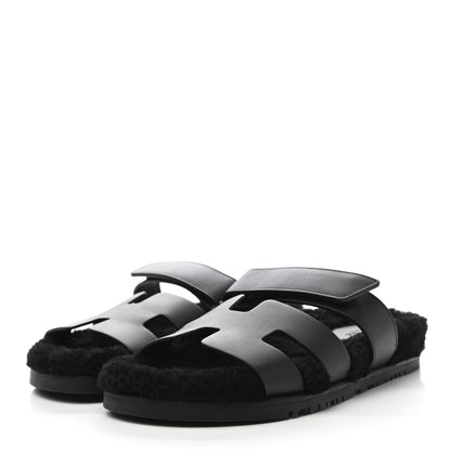 Hermes Calfskin Woolskin Womens Chypre Sandals 39 Black 3 of 9