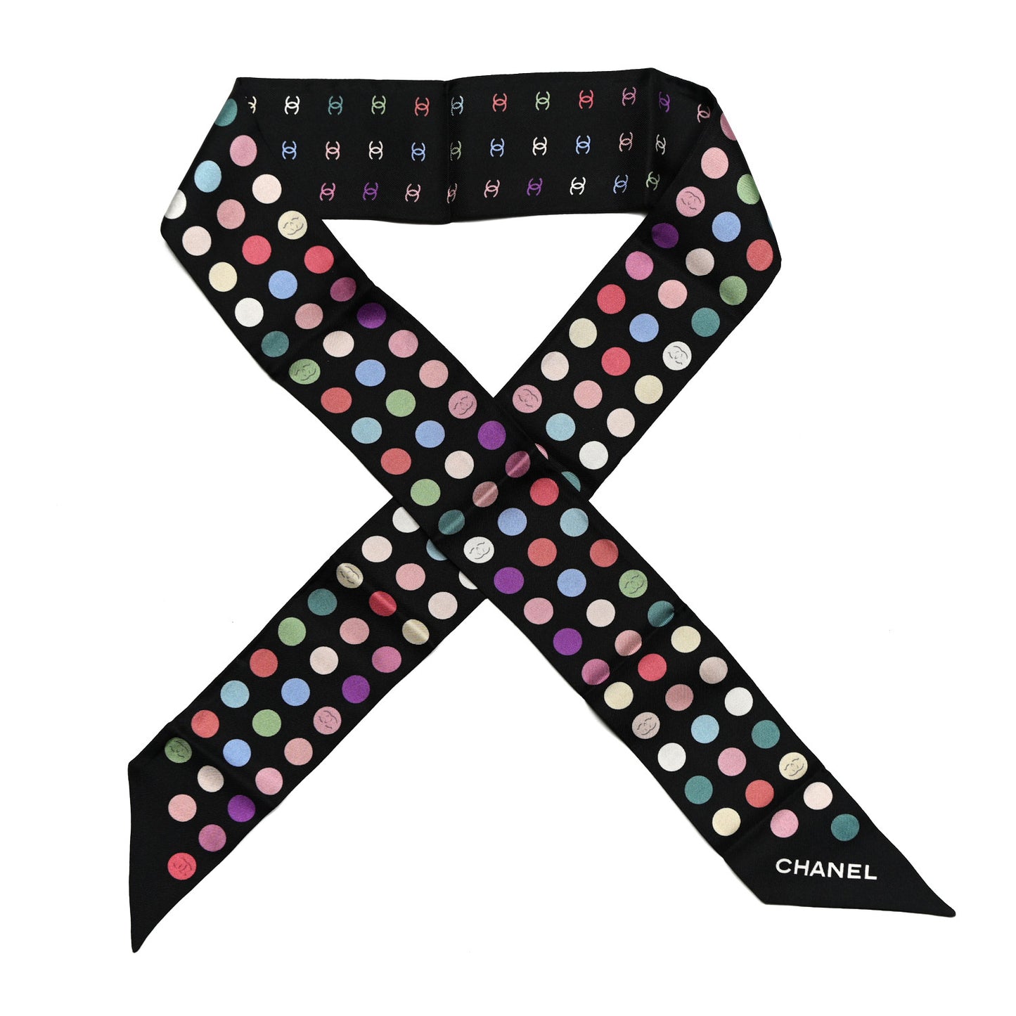 Silk Polka Dot CC Slim Bandeau Scarf Black Multicolor