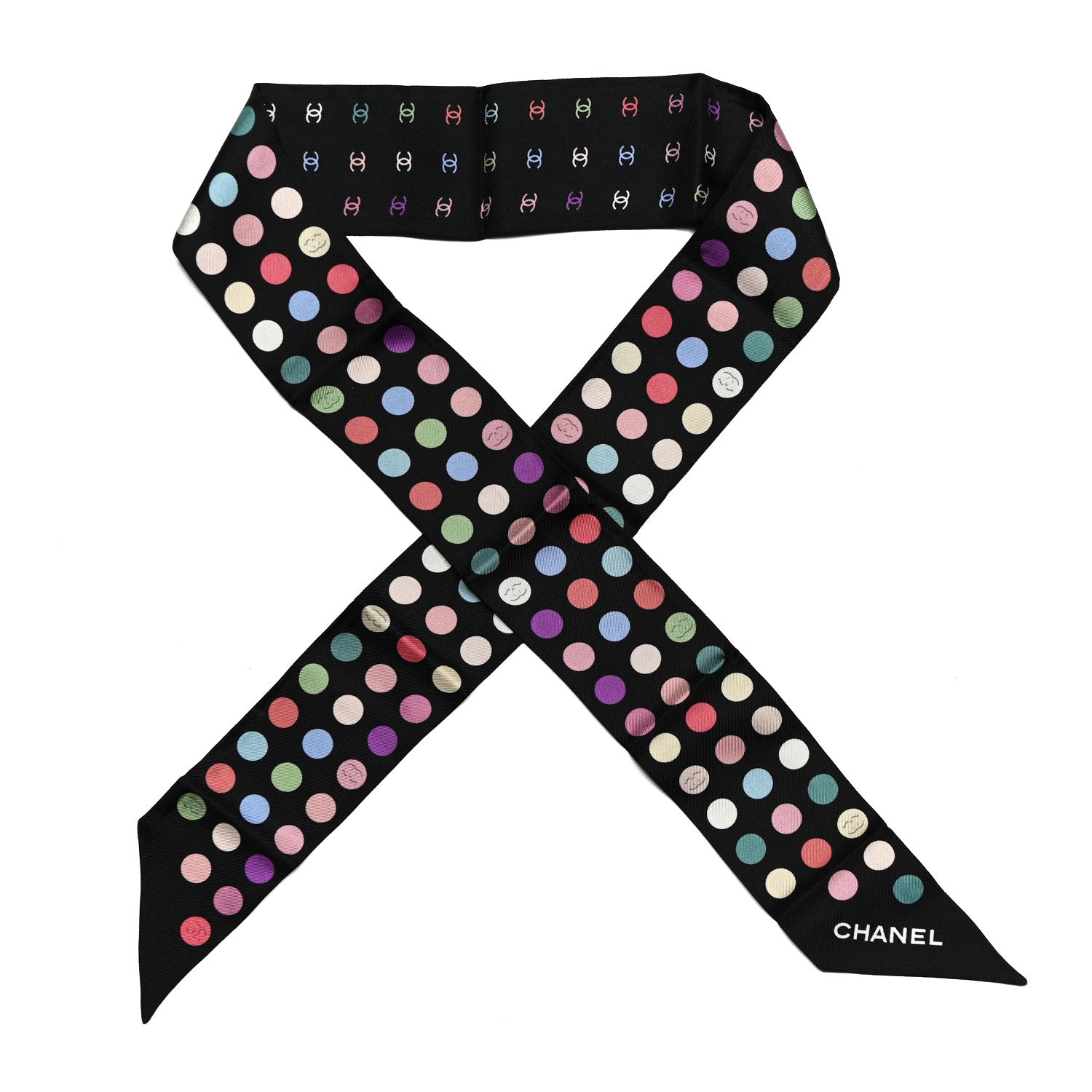 Chanel Silk Polka Dot CC Slim Bandeau Scarf Black Multicolor 1 of 3