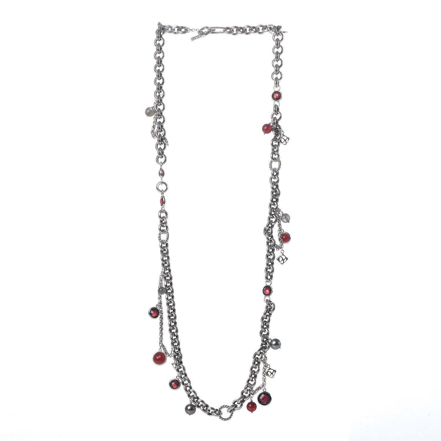 David Yurman Sterling Silver 18K Yellow Gold Garnet Carnelian Pearl Labradorite Moonstone Cable Charms Necklace 3 of 8