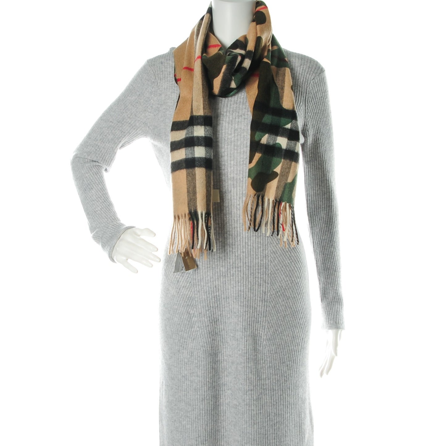 Cashmere Camoflauge Print Giant Check Fringe Scarf Pine Green