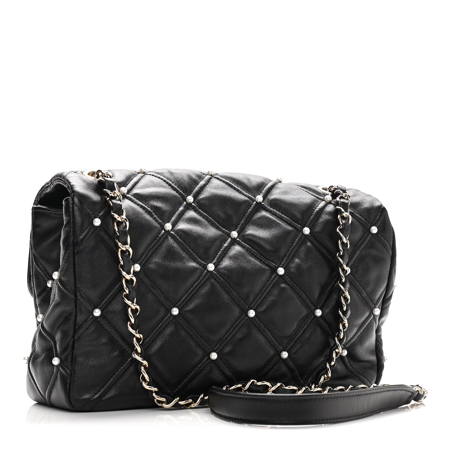 Lambskin Quilted Pearl Studded Flap Black