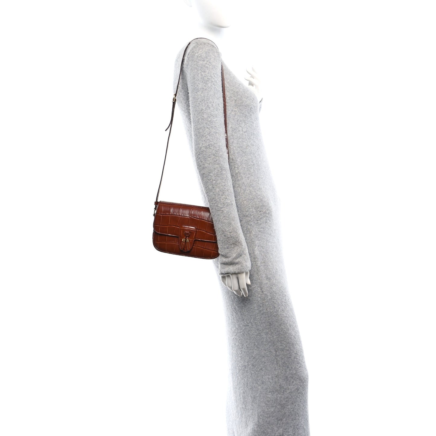 Calfskin Crocodile Embossed Medium Tassel Bag Tan