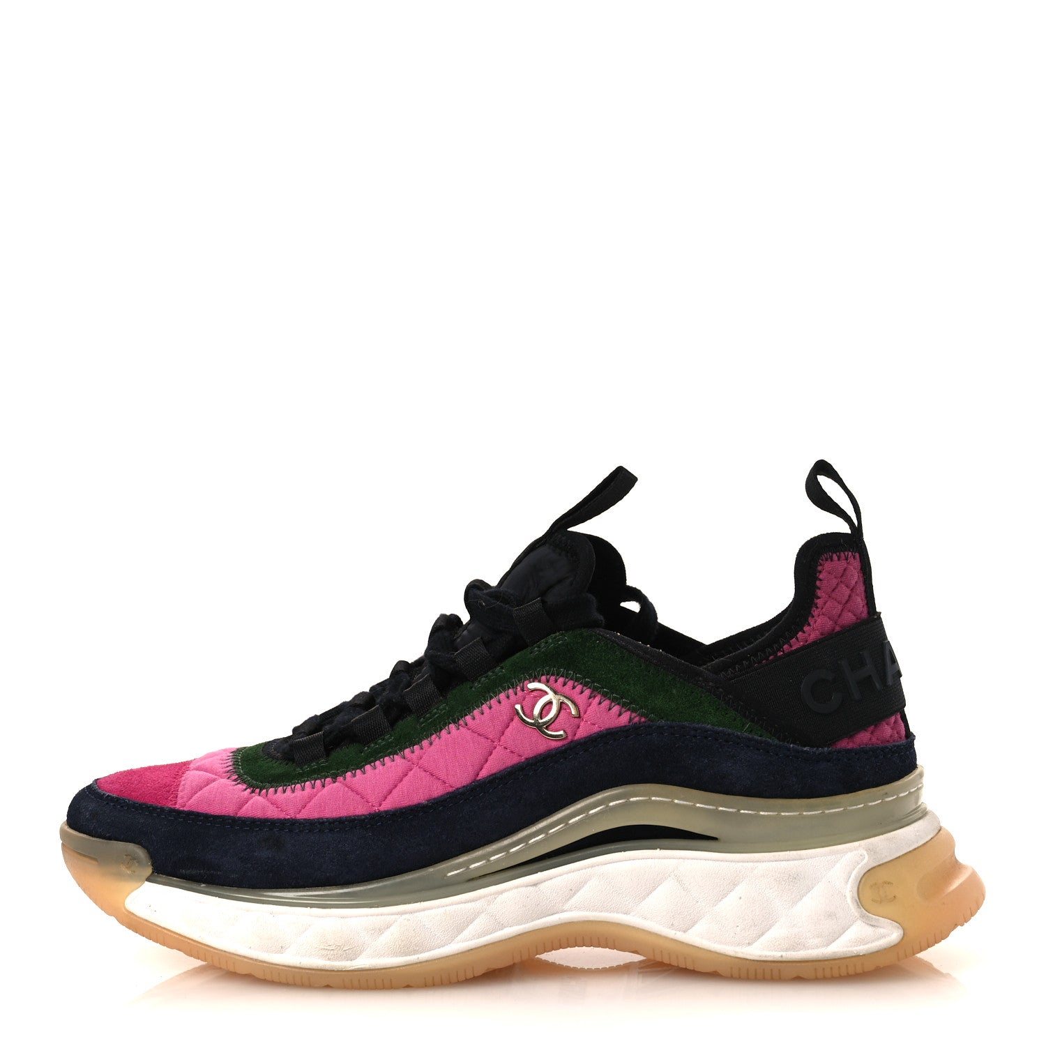Chanel Velvet Calfskin Mixed Fibers CC Sneakers 38 Dark Pink Green 1 of 12