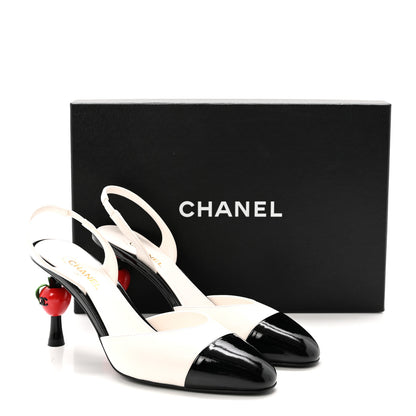 Chanel Lambskin Patent Cap Toe CC Apple Slingback Pumps 37 White Black 9 of 9