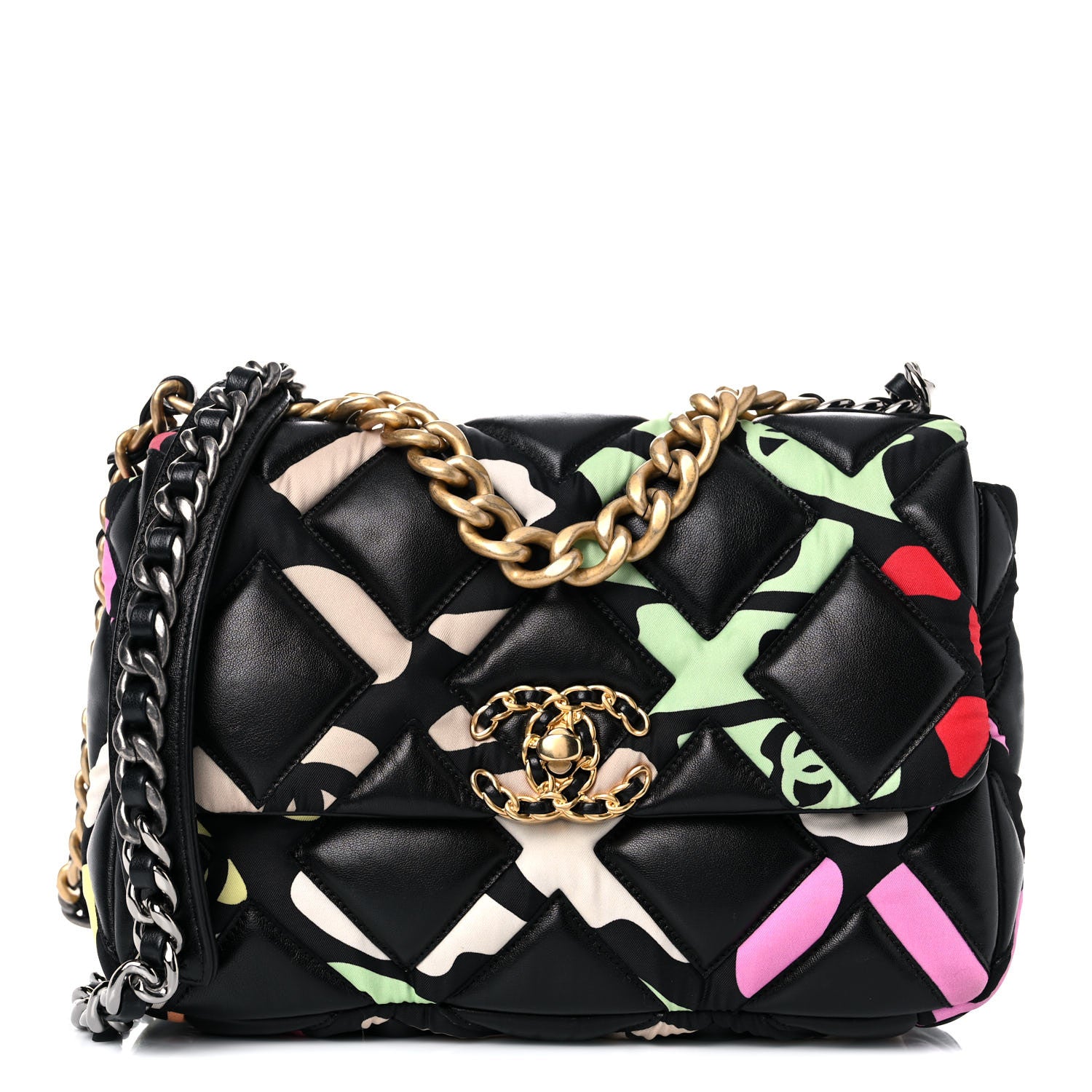 Chanel Lambskin Printed Fabric Medium Chanel 19 Flap Black Multicolor 1 of 15