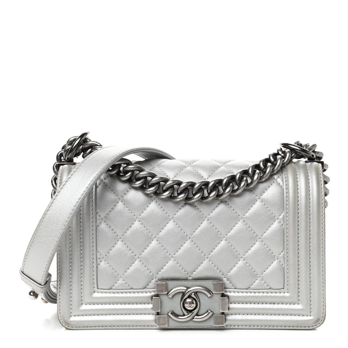 Metallic Calfskin Quilted Small Boy Flap Silver