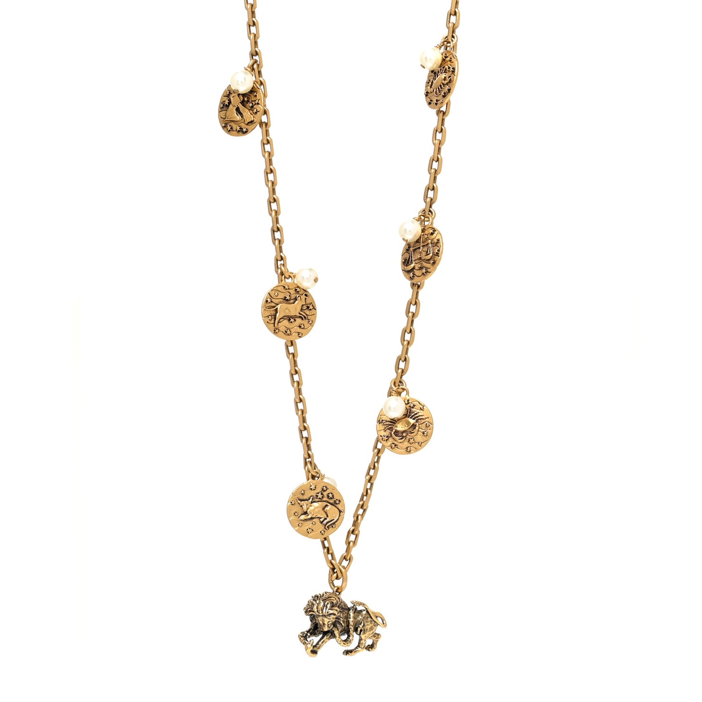 Metal Pearl Zodiac Charms Necklace Aged Gold