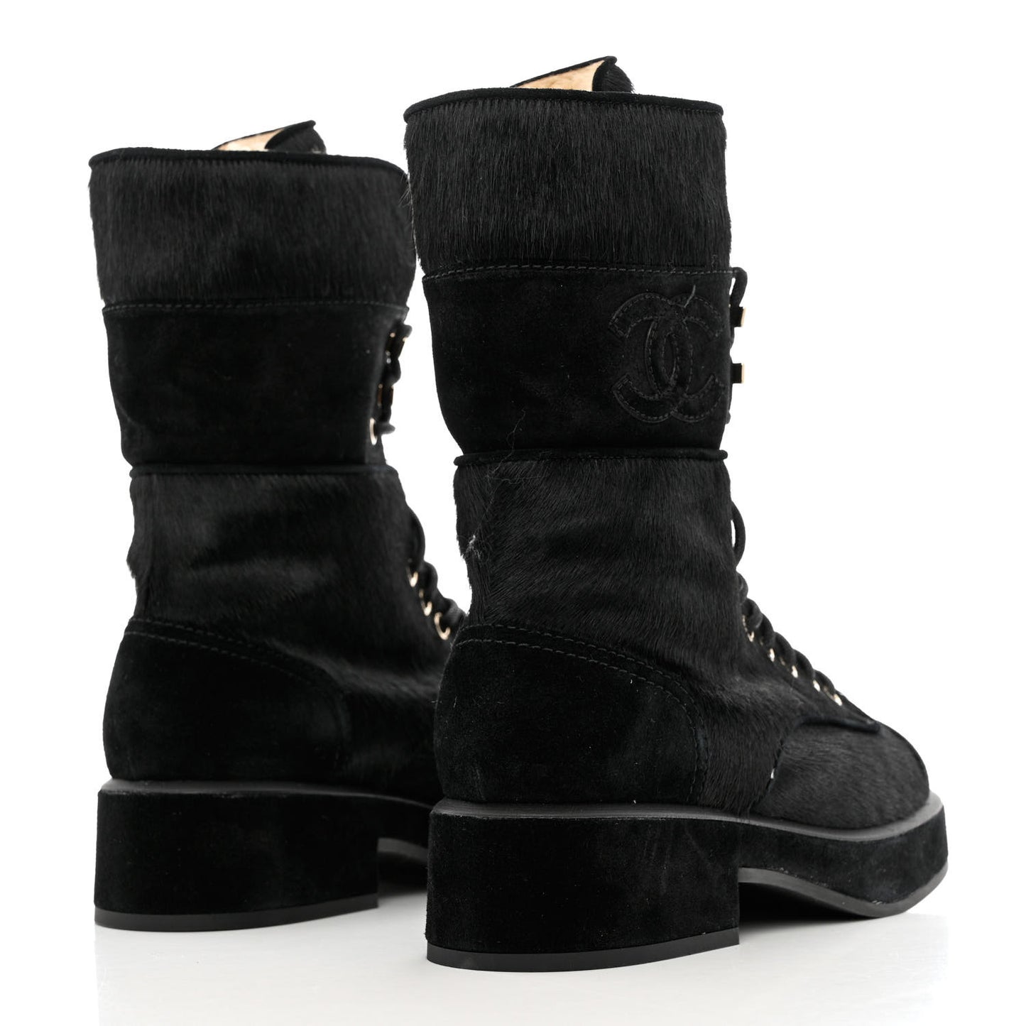 Suede Pony Hair Shearling Lace Up Combat Boots 35 Black White