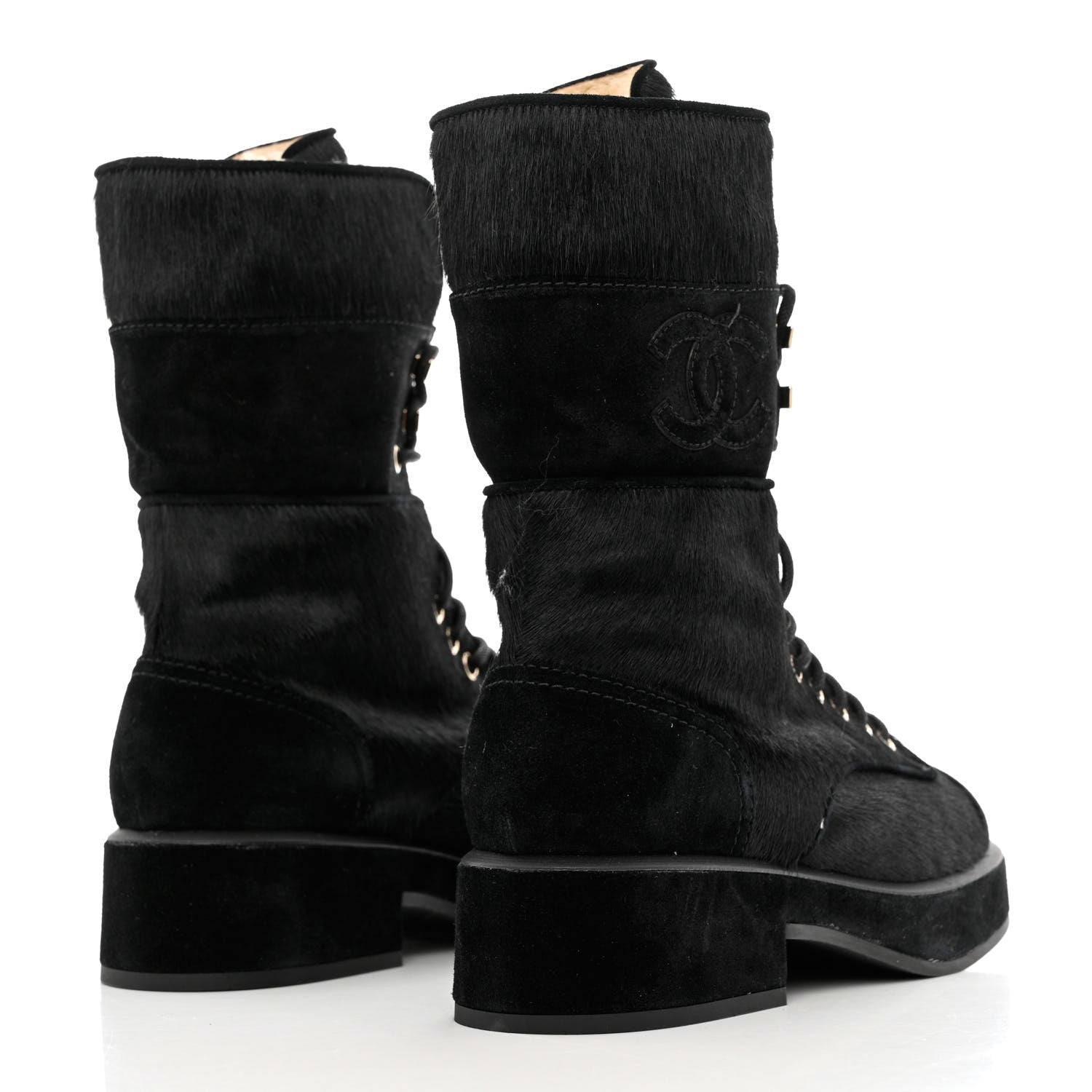 Chanel Suede Pony Hair Shearling Lace Up Combat Boots 35 Black White 5 of 13