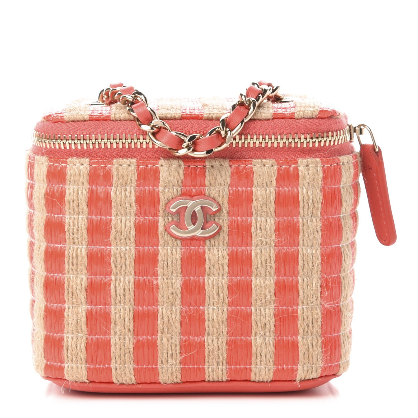 Raffia Jute Striped Mini Vanity Case With Chain Red Beige