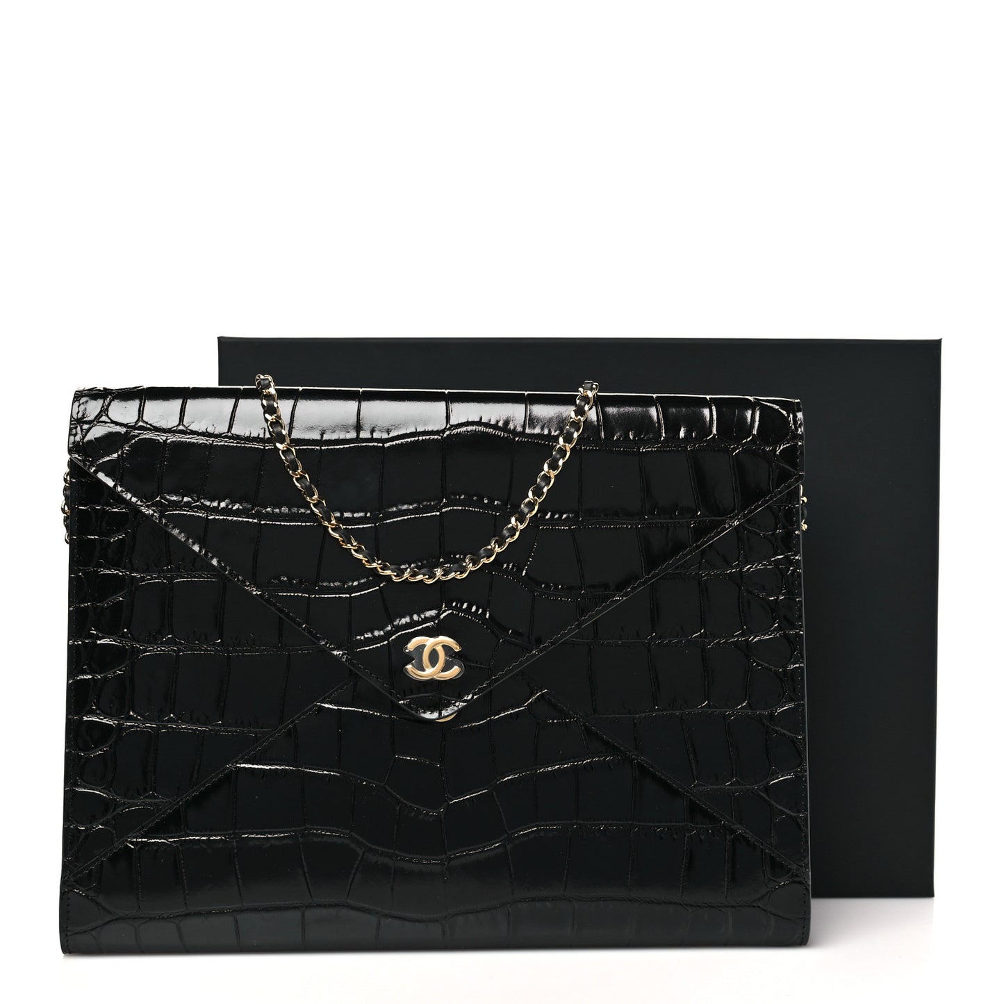Calfskin Crocodile Embossed Croc Illusion Clutch With Chain  Black