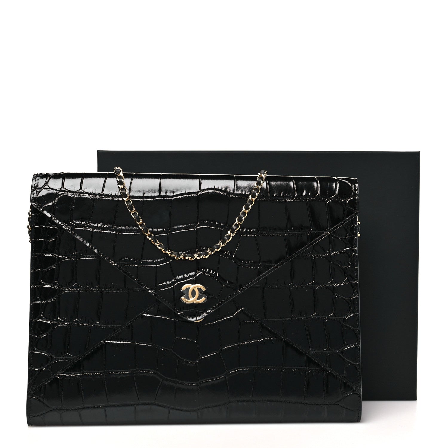 Chanel Calfskin Crocodile Embossed Croc Illusion Clutch With Chain  Black 10 of 10