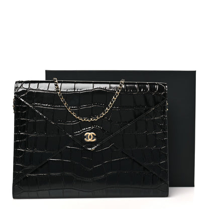 Chanel Calfskin Crocodile Embossed Croc Illusion Clutch With Chain  Black 10 of 10