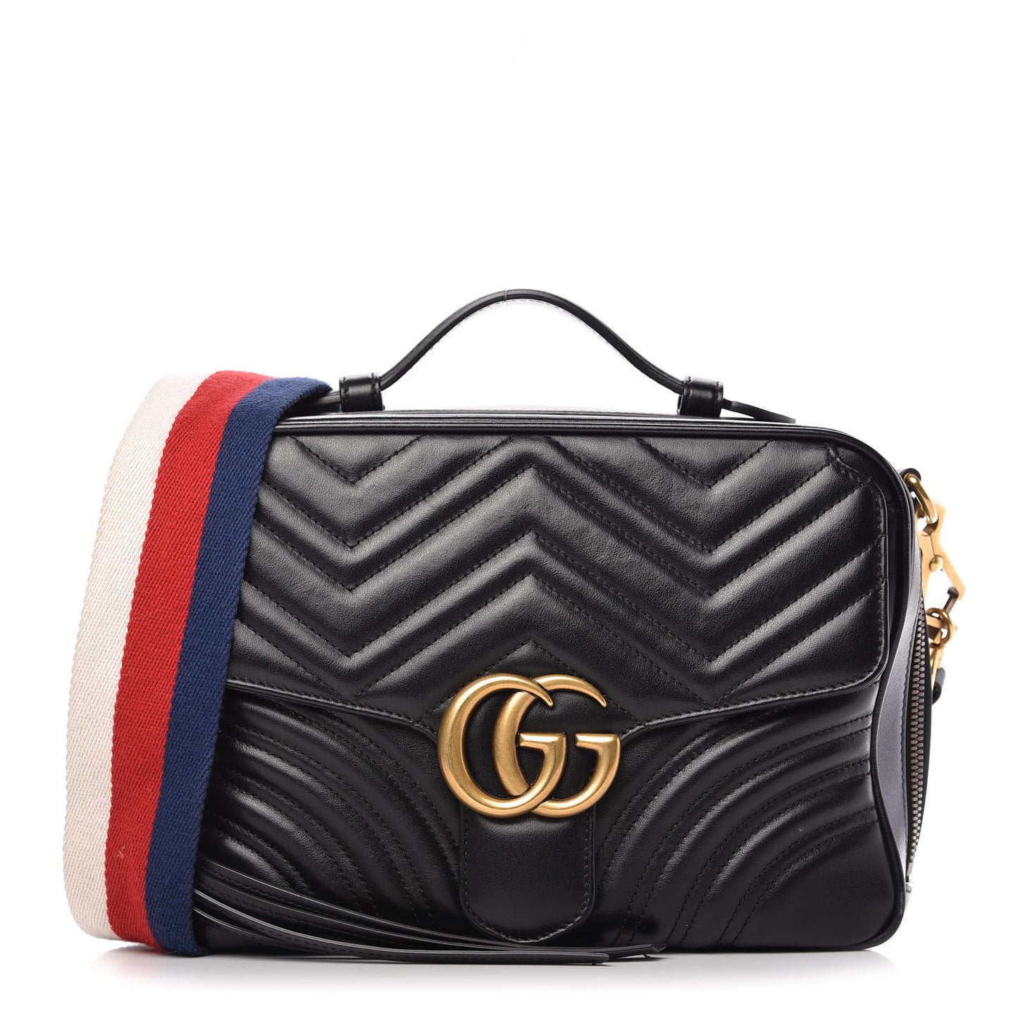 Calfskin Matelasse Sylvie Web Small GG Marmont Top Handle Shoulder Bag Black