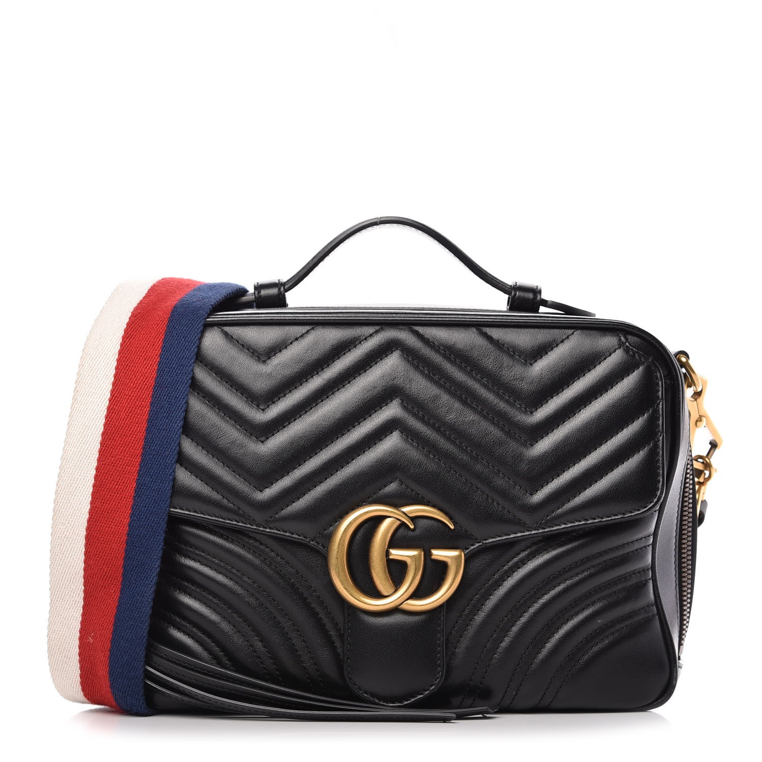 Gucci Calfskin Matelasse Sylvie Web Small GG Marmont Top Handle Shoulder Bag Black 1 of 11