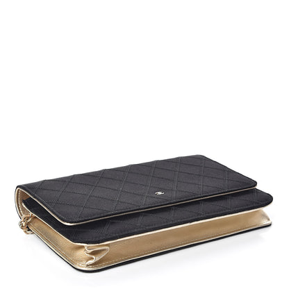 Chanel Satin Diamond Stitch Wallet On Chain WOC Black Gold 4 of 11