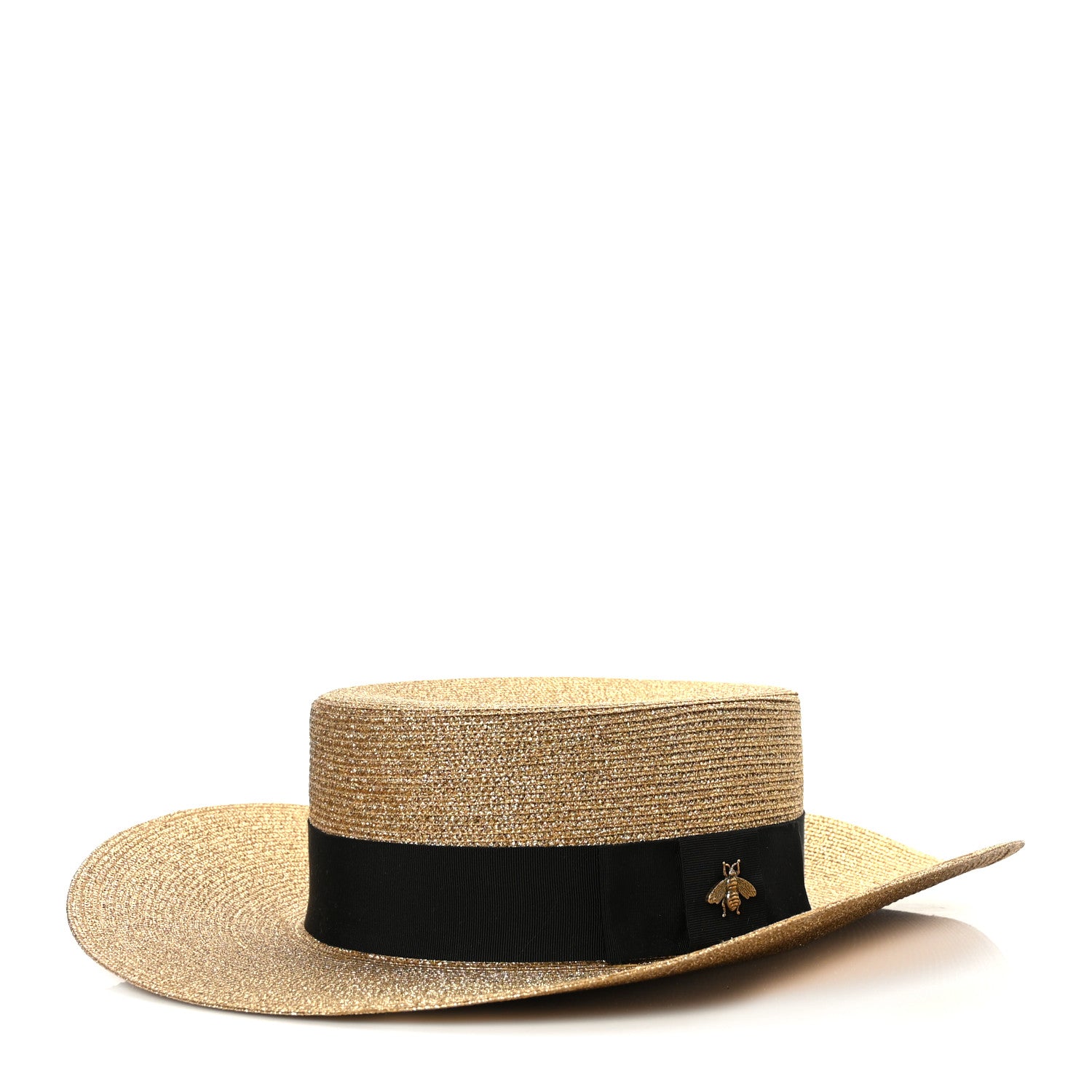 Gucci Glittered Straw Grosgrain Wide Brim Hat XL Gold Black 1 of 8