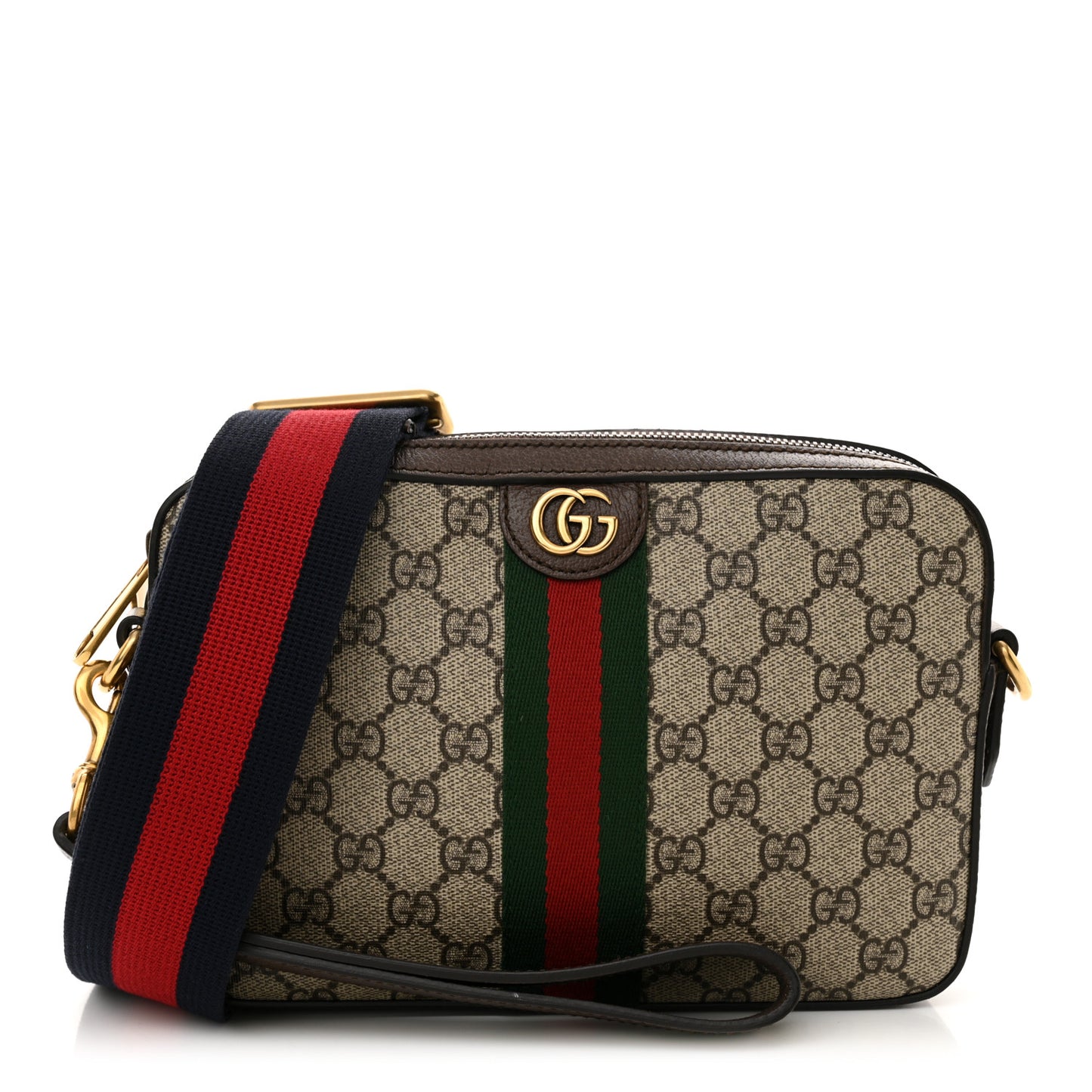 GG Supreme Monogram Textured Dollar Calfskin Web Ophidia Wristlet Shoulder Bag Beige Ebony New Acero