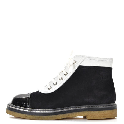 Chanel Suede Patent Calfskin Lace Up Short Boots 36.5 Black 1 of 11