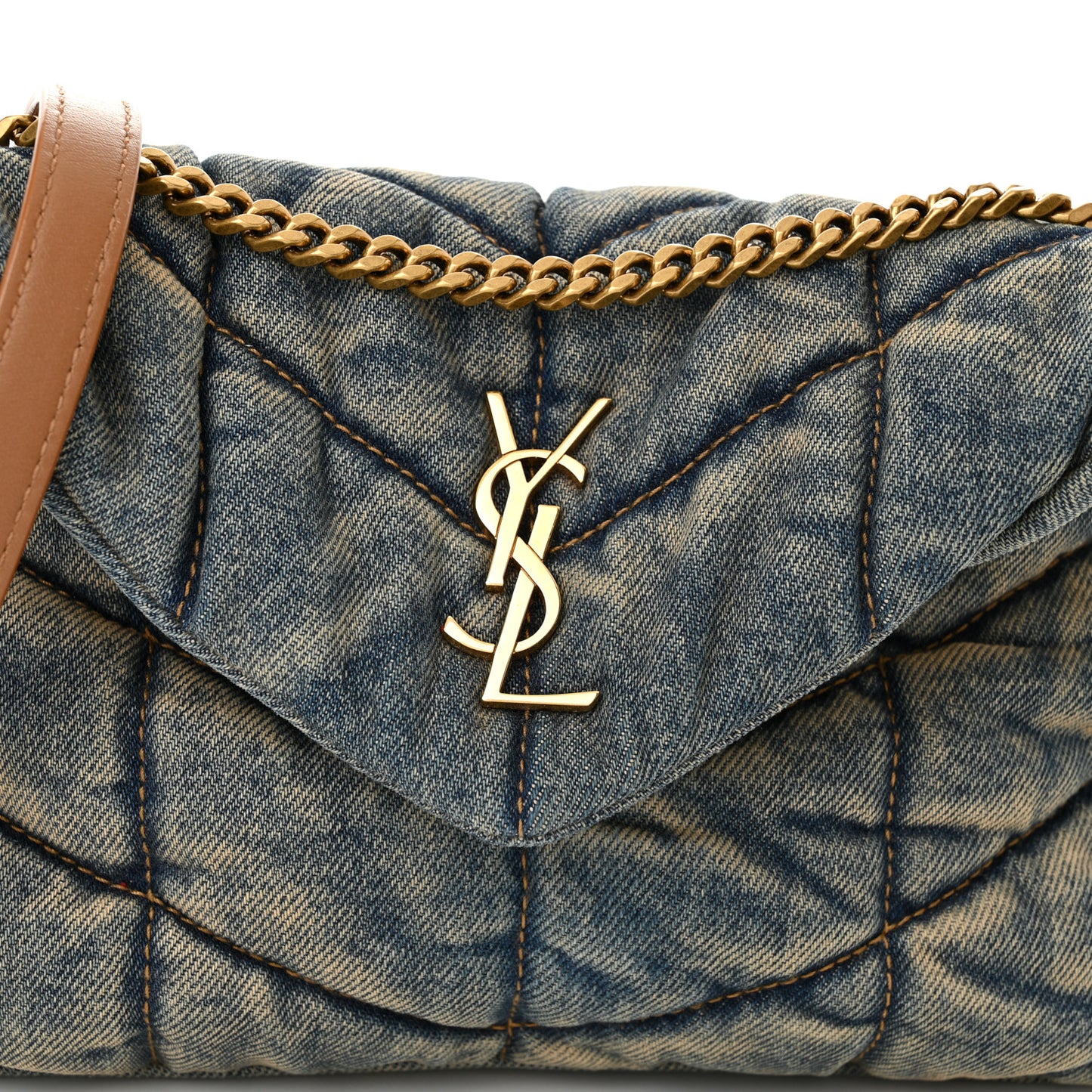 Denim Quilted Toy Loulou Puffer Monogram Chain Satchel Blue Cinnamon
