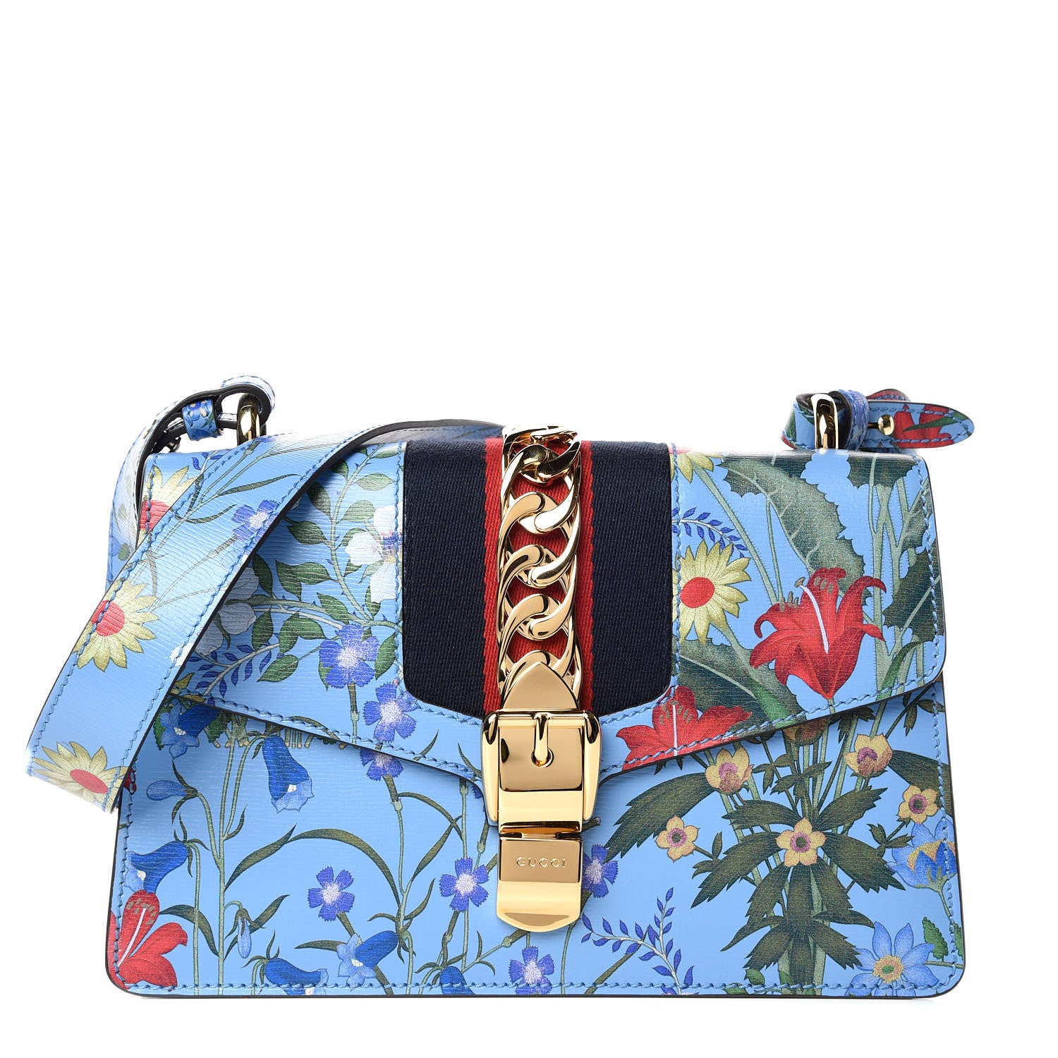 Gucci Shangai Calfskin Web New Flora Small Sylvie Shoulder Bag Azure 3 of 10