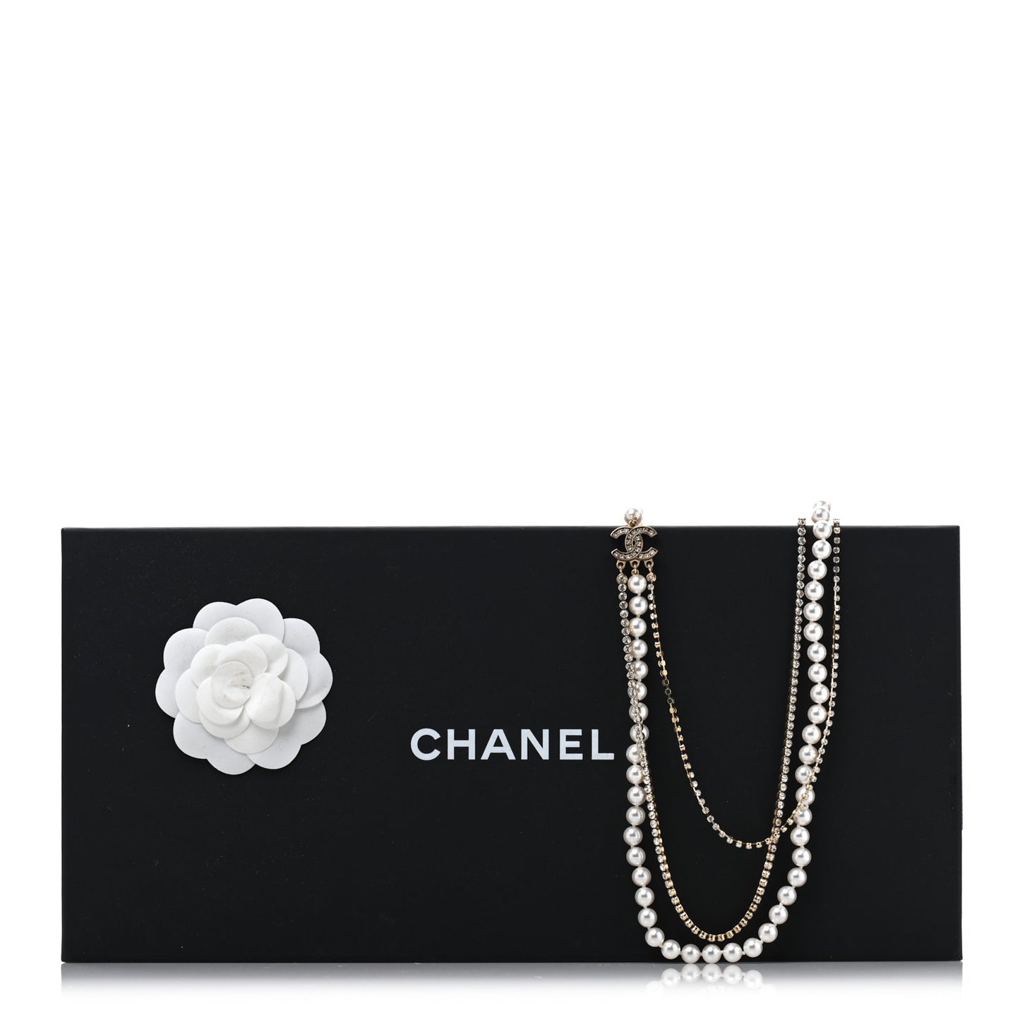Pearl Crystal Multi Strand CC Long Necklace  Gold