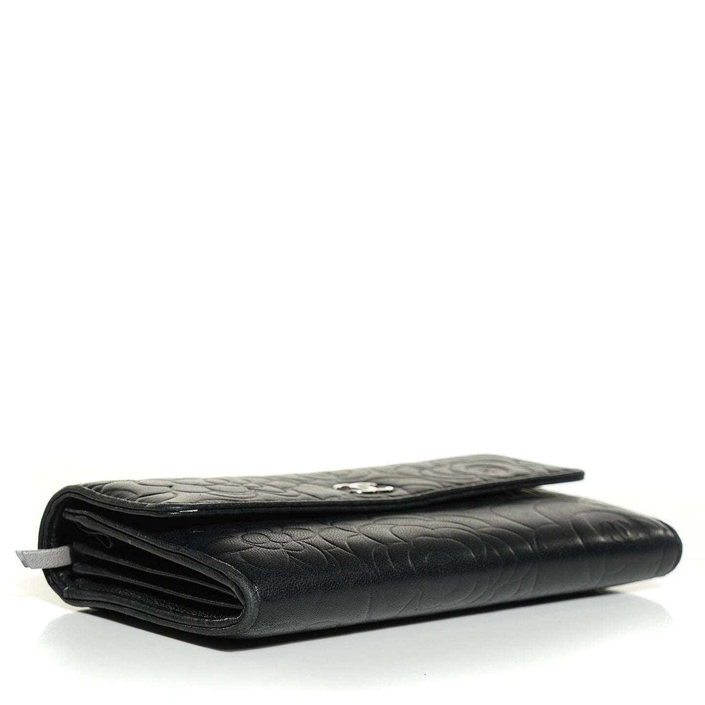 Lambskin Embossed Camellia Large Gusset Flap Wallet Black
