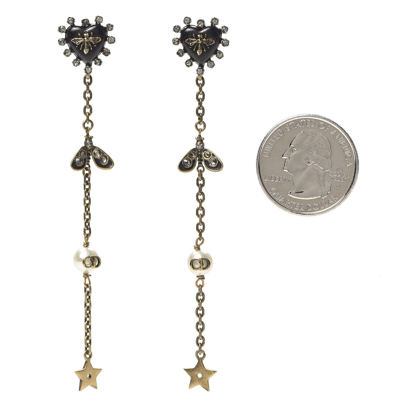 Crystal Pearl Bee Heart Drop Earrings Antique Gold