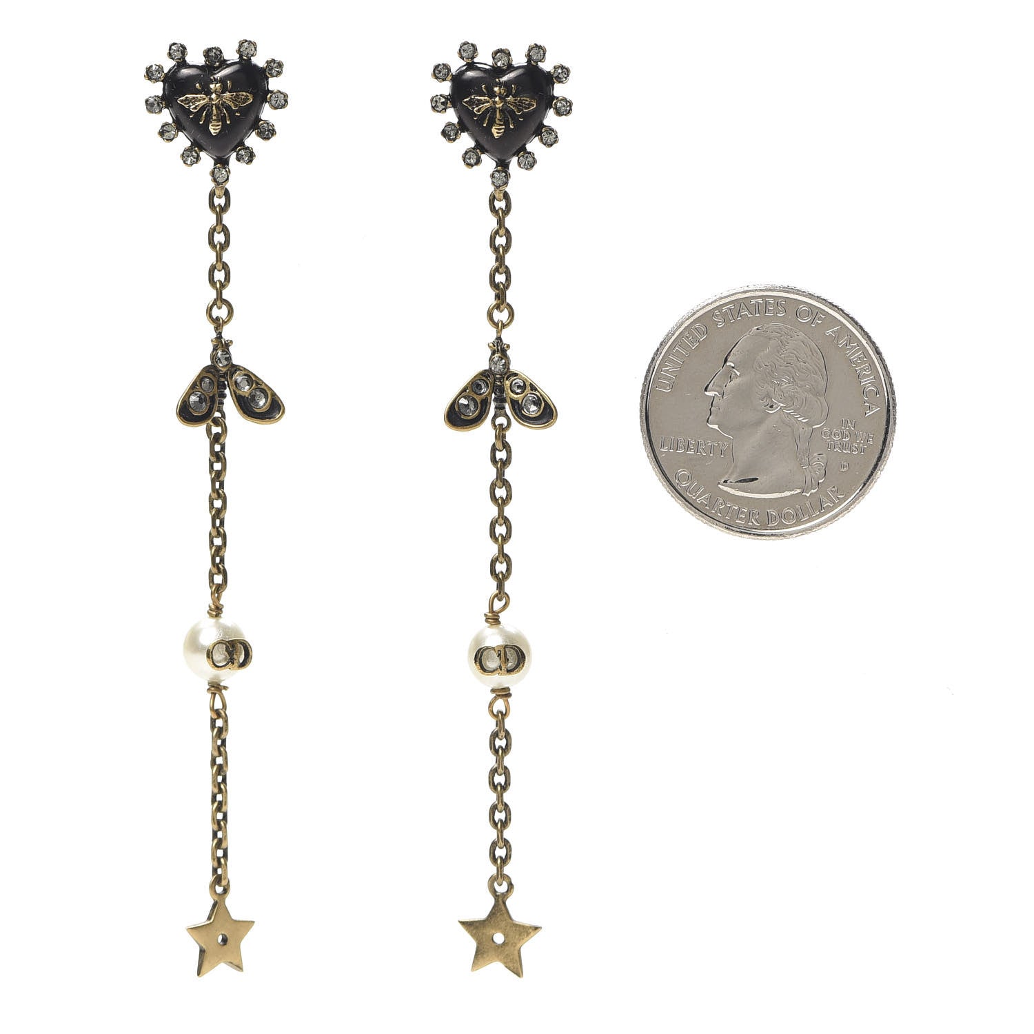 Christian Dior Crystal Pearl Bee Heart Drop Earrings Antique Gold 2 of 5