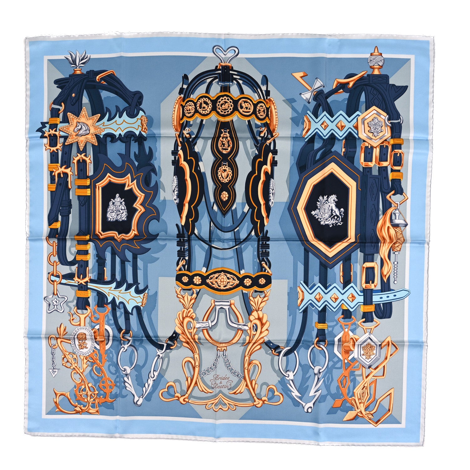 Hermes Silk Brides Et Destin Scarf 90 Blue Jean Mordore Ciel 1 of 3