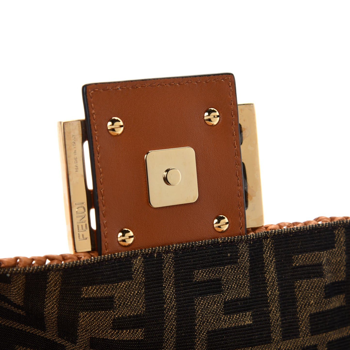 Raffia Vitello Seta FF Woven Large Baguette Brick Natural