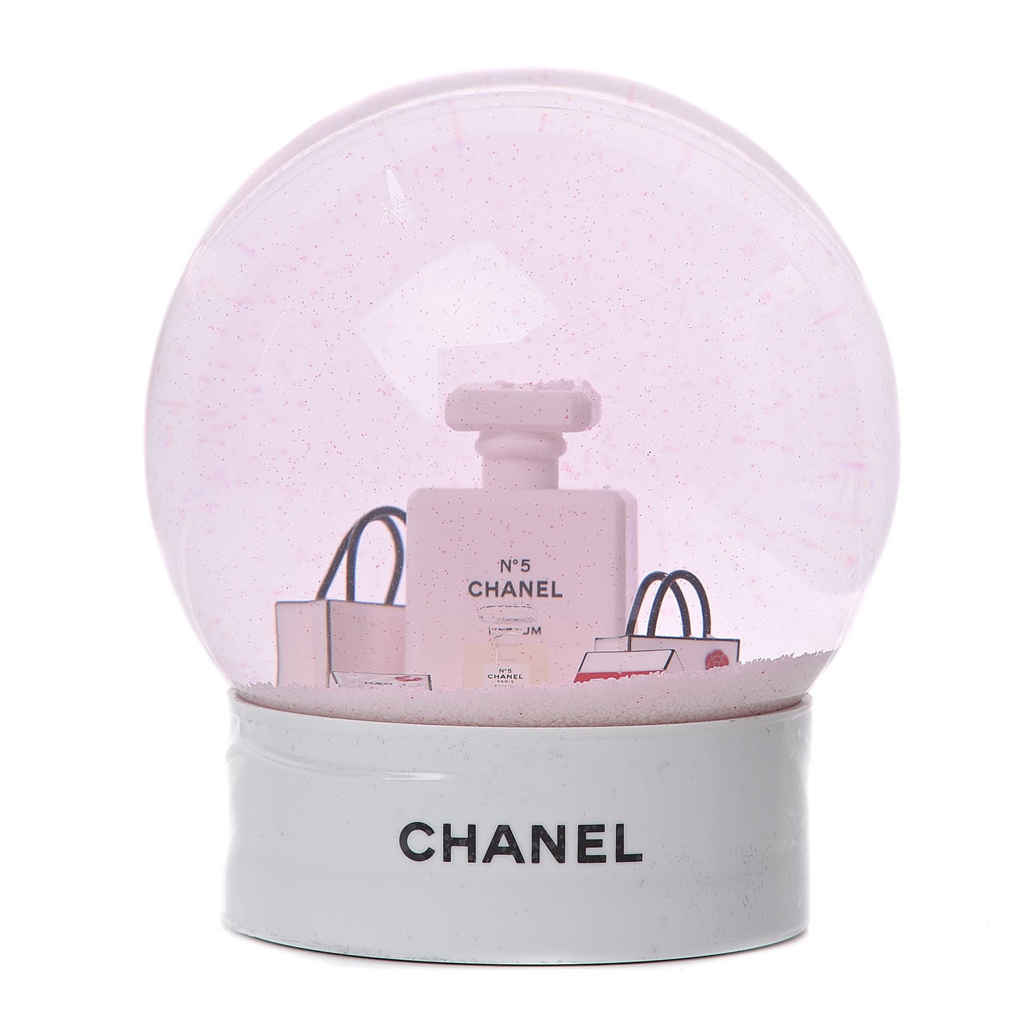Glass N°5 Perfume Bottle Snow Globe Pink