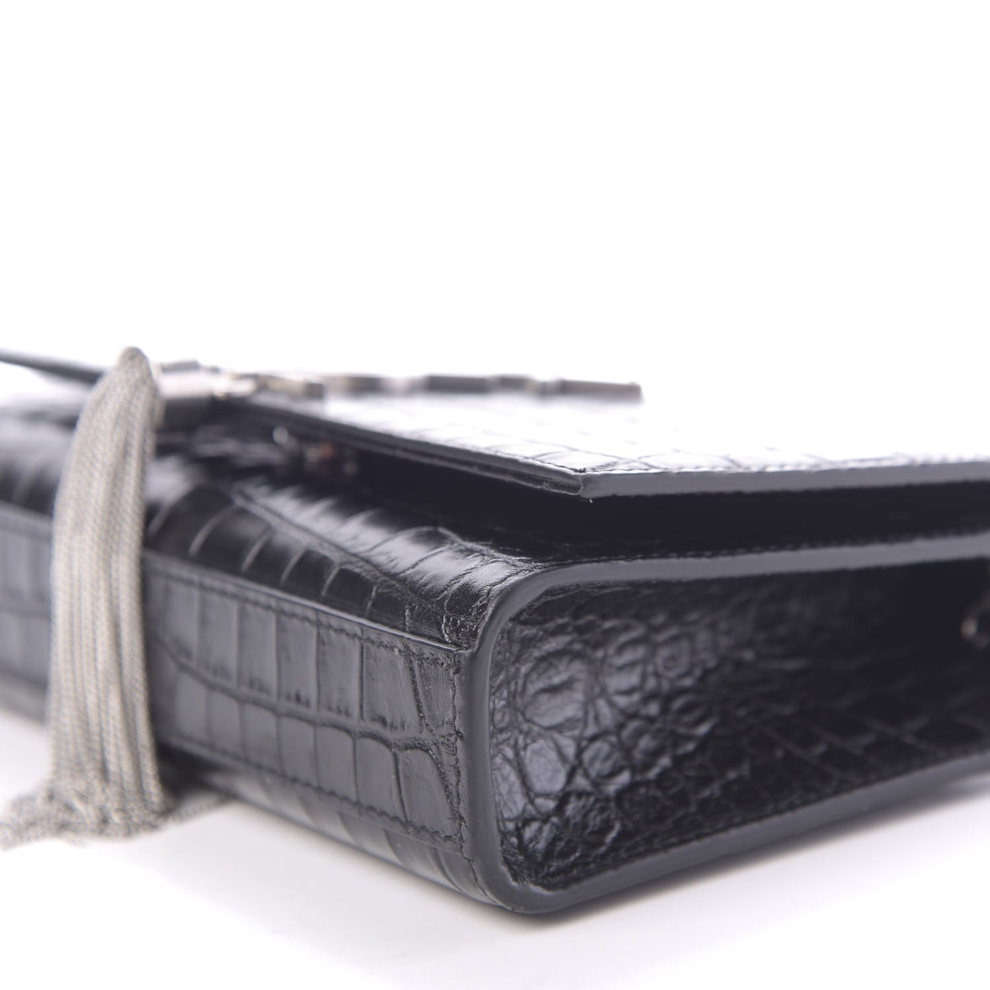 Calfskin Crocodile Embossed Small Classic Monogram Kate Tassel Satchel Black