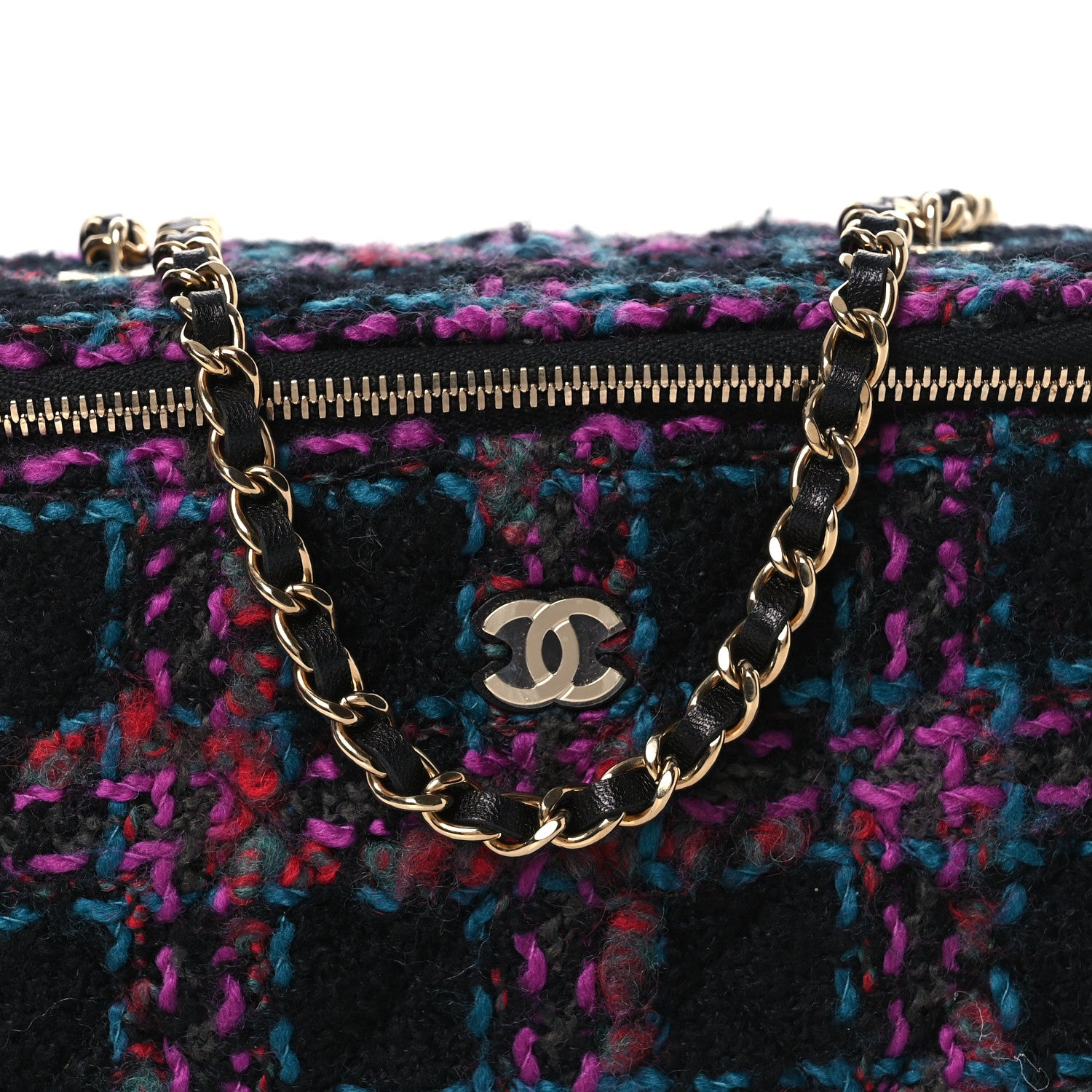Chanel Tweed Quilted Small Vanity Case With Chain Black Purple Green Red 7 of 12