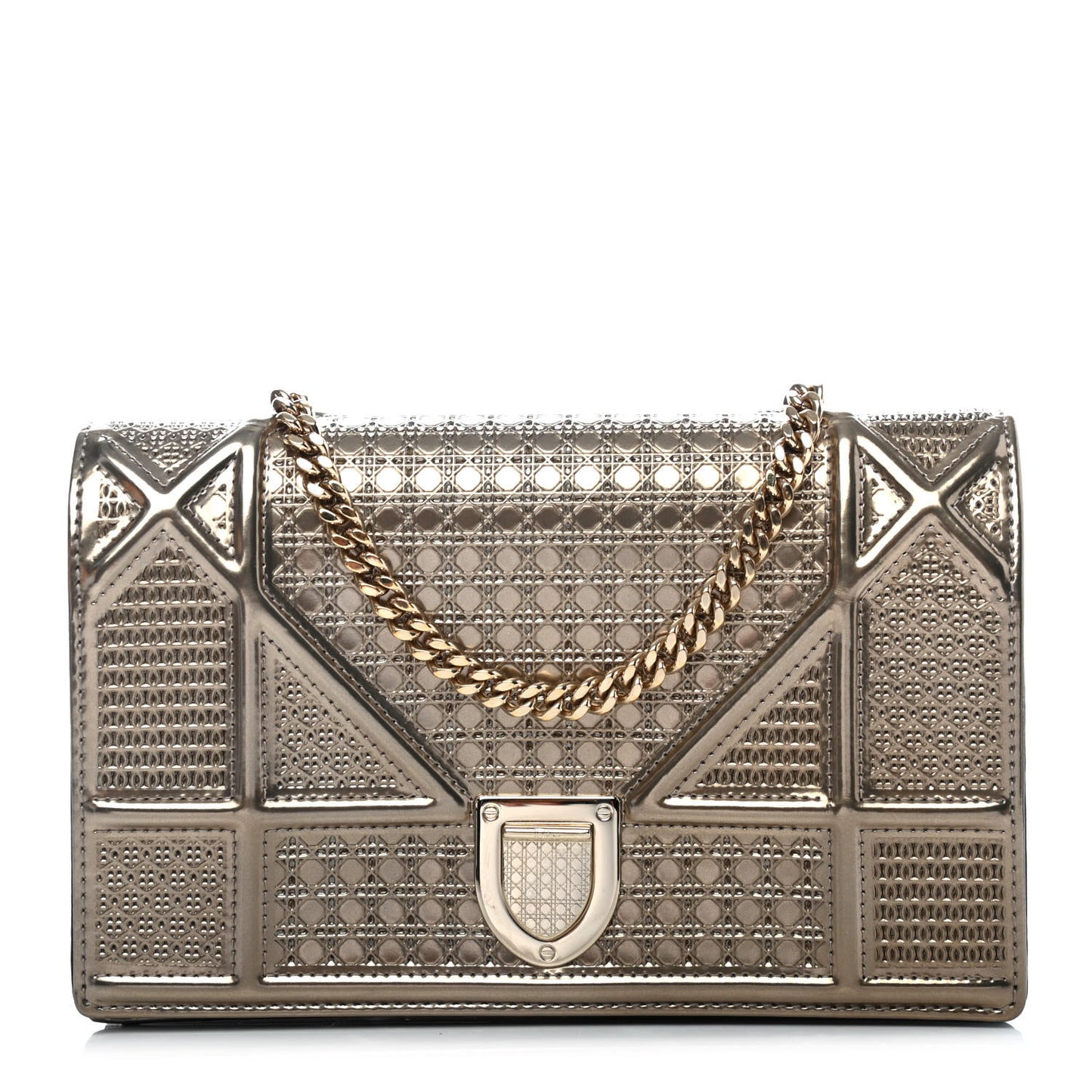 Metallic Patent Micro-Cannage Diorama Wallet on Chain Pouch Gold