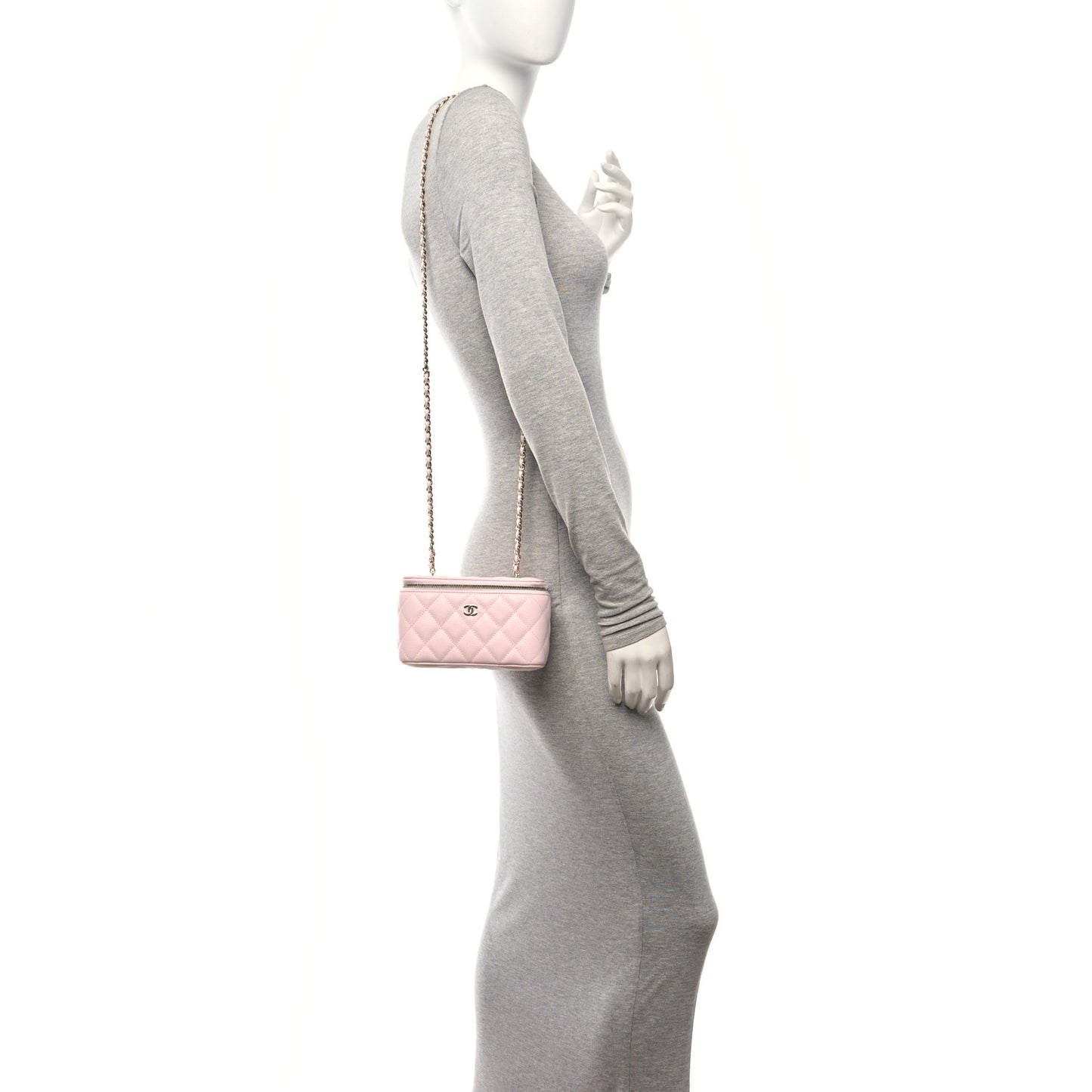 Caviar Quilted Small Vanity Case With Chain Light Pink